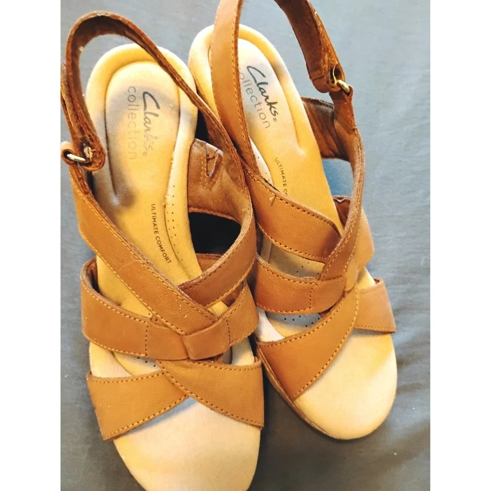 Clarks Collection Giselle Beach Tan Leather Platform Wedge Sandals Sz 8.5 M